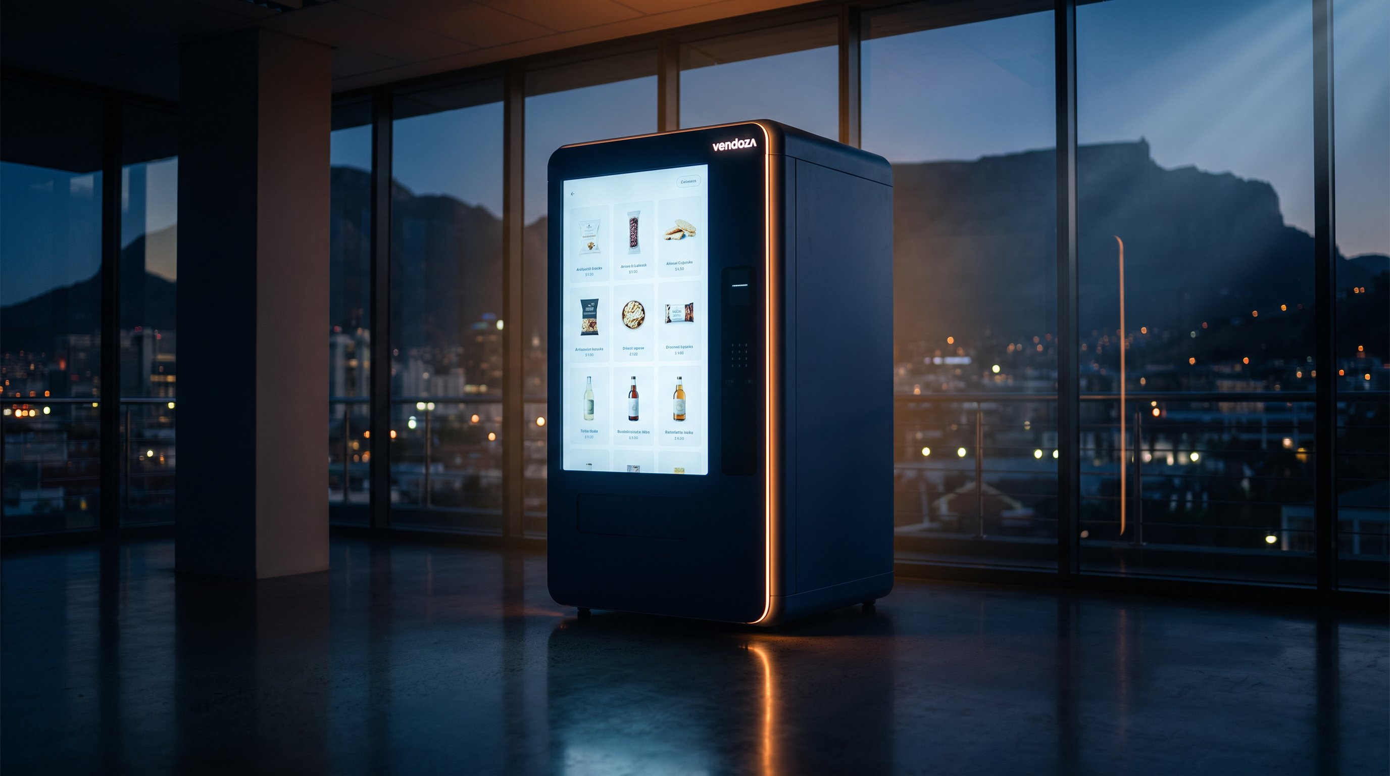 vendoZA smart vending machine in a Cape Town office at dusk